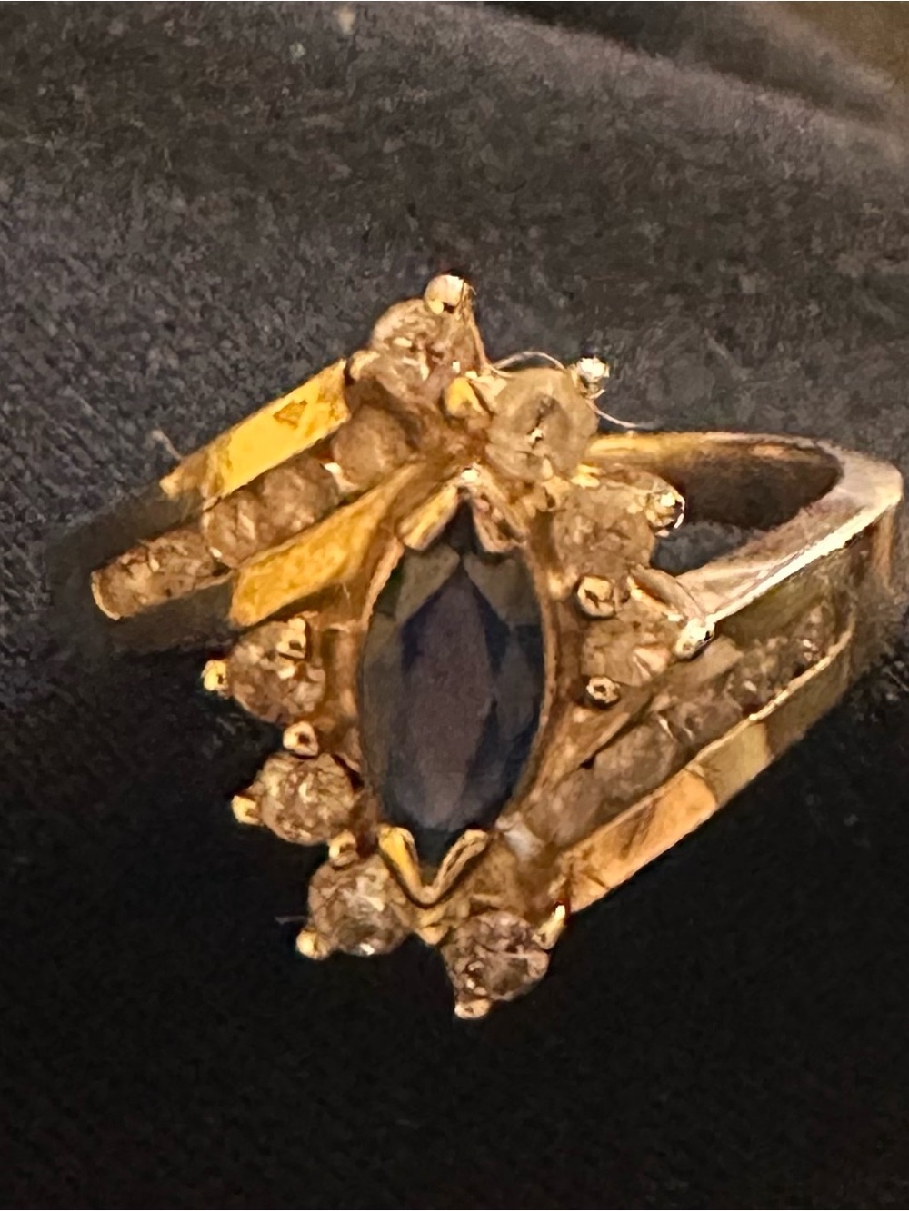 14K Gold Vintage Marquise Blue Sapphire Cocktail Ring
